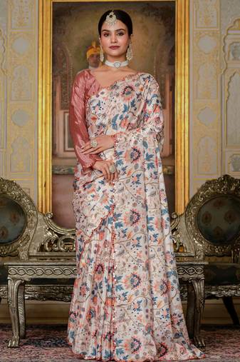multicolor chinon digital print with mirror saree with blouse