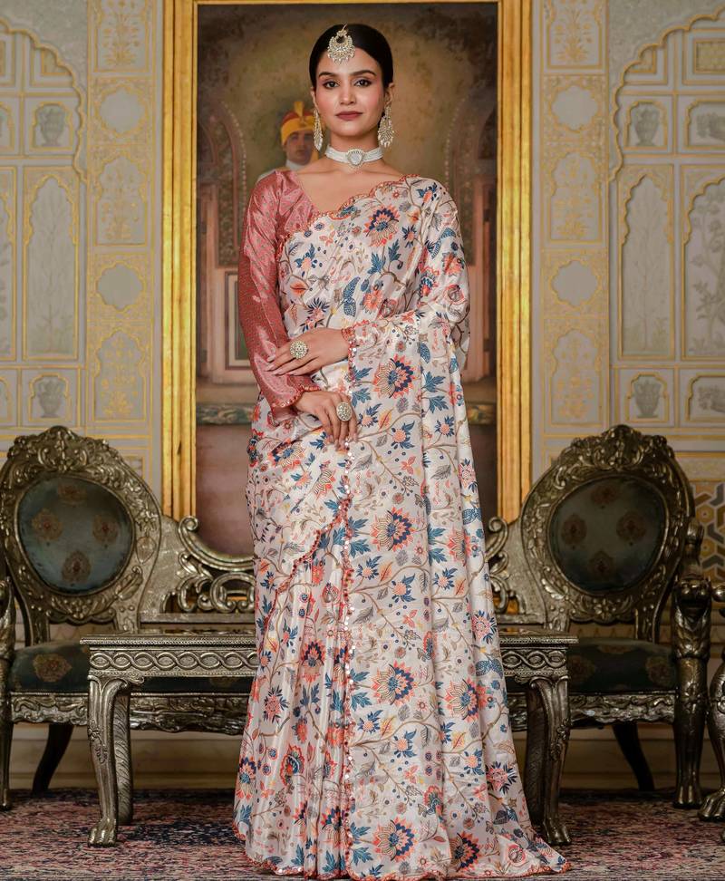 multicolor chinon digital print with mirror saree with blouse