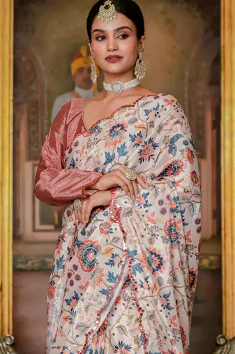 multicolor chinon digital print with mirror saree with blouse
