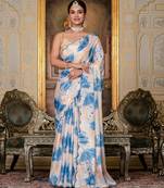 blue chinon digital print with mirror saree with blouse