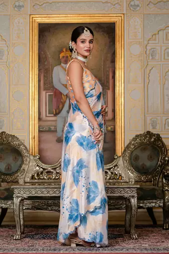 blue chinon digital print with mirror saree with blouse