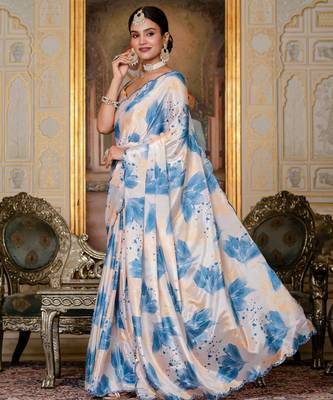 blue chinon digital print with mirror saree with blouse 3