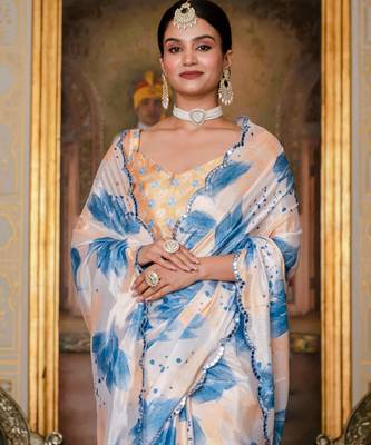 blue chinon digital print with mirror saree with blouse 4