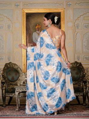 blue chinon digital print with mirror saree with blouse 5