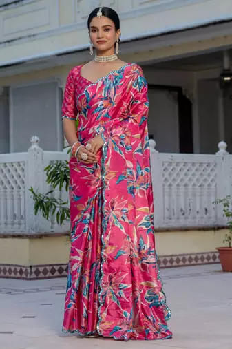 rani pink chinon digital print with mirror saree with blouse