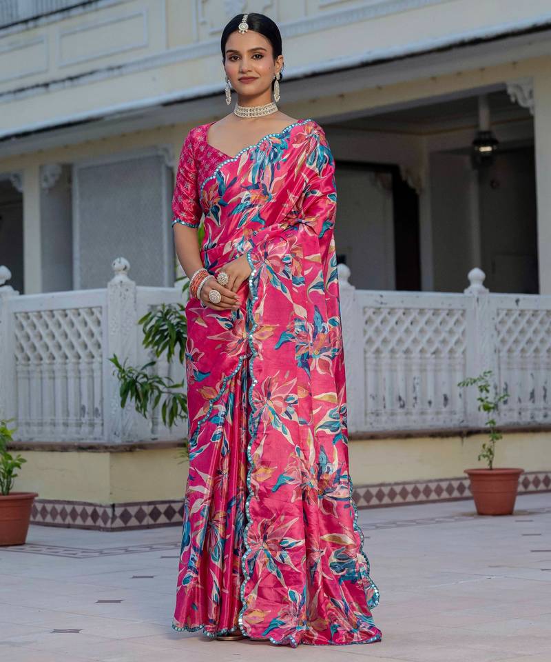 rani pink chinon digital print with mirror saree with blouse