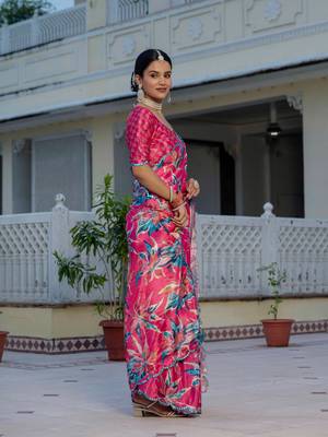 rani pink chinon digital print with mirror saree with blouse 2