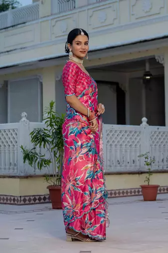 rani pink chinon digital print with mirror saree with blouse