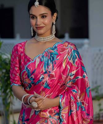 rani pink chinon digital print with mirror saree with blouse 4