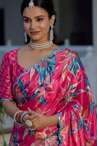 rani pink chinon digital print with mirror saree with blouse