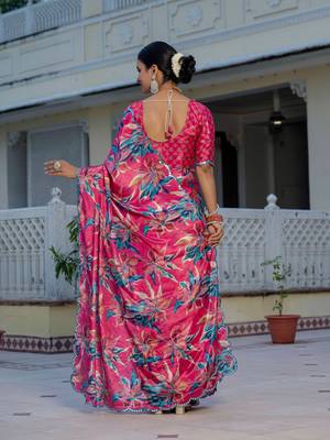 rani pink chinon digital print with mirror saree with blouse 5