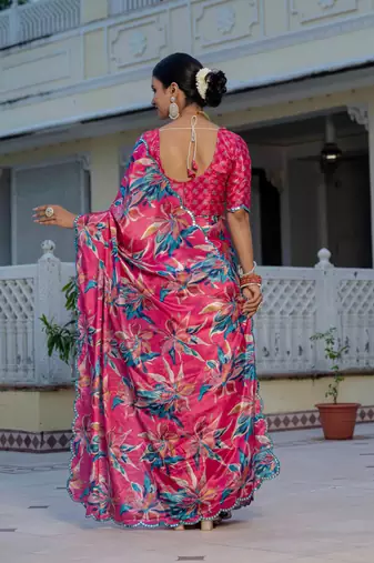rani pink chinon digital print with mirror saree with blouse