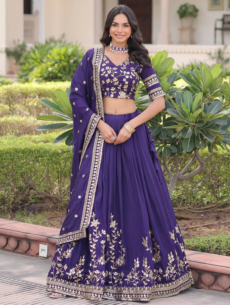  purple embroidered silk lehenga set choli with dupatta