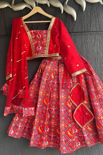 Red printed cotton lehenga set