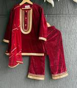 Red embroidered velvet kurta set