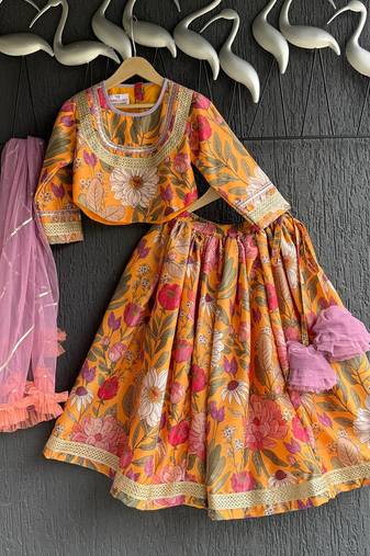 Orange printed cotton lehenga set