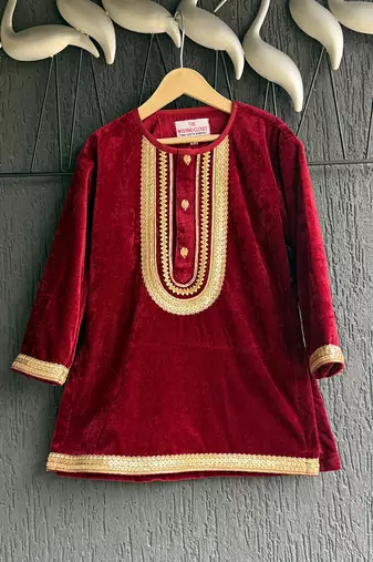 Red embroidered velvet kurta set