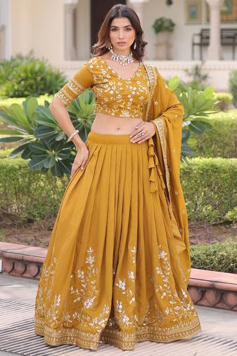  yellow embroidered silk haldi lehenga set choli with dupatta