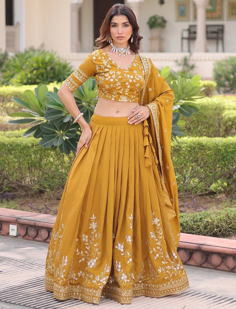  yellow embroidered silk haldi lehenga set choli with dupatta