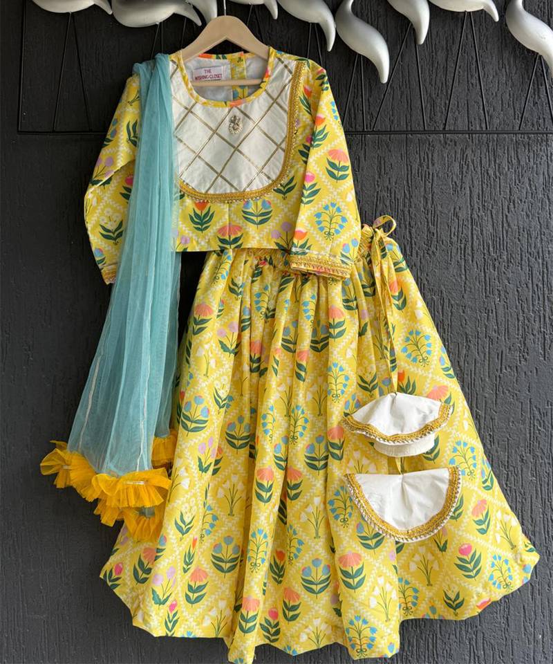 Yellow printed cotton lehenga set