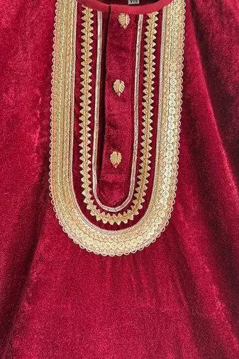 Red embroidered velvet kurta set