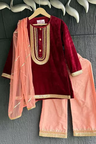Red embroidered velvet kurta set