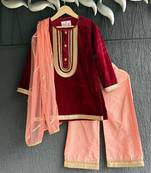 Red embroidered velvet kurta set