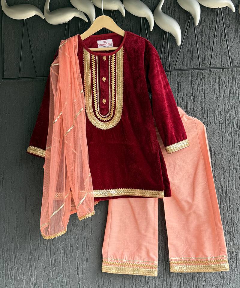 Red embroidered velvet kurta set