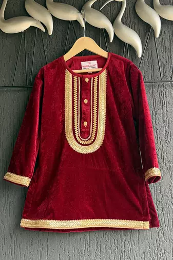 Red embroidered velvet kurta set