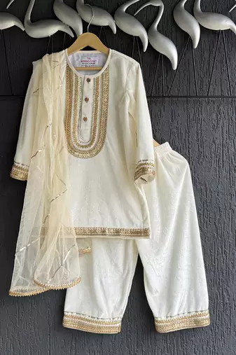 White embroidered velvet kurta set