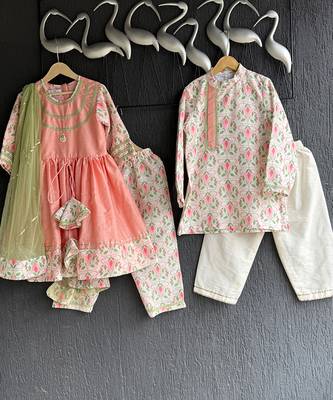 Peach embroidered cotton kurta set 3