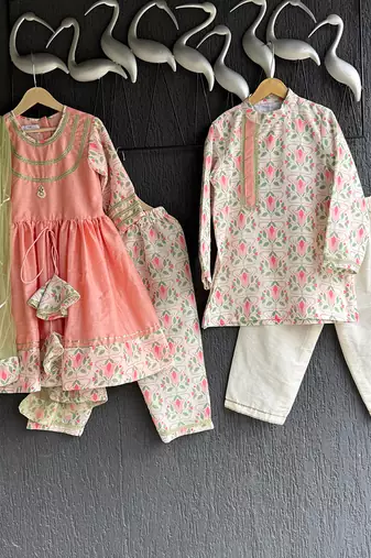 Peach embroidered cotton kurta set
