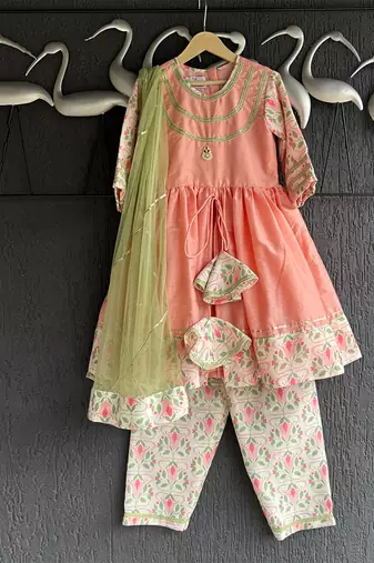 Peach embroidered cotton kurta set