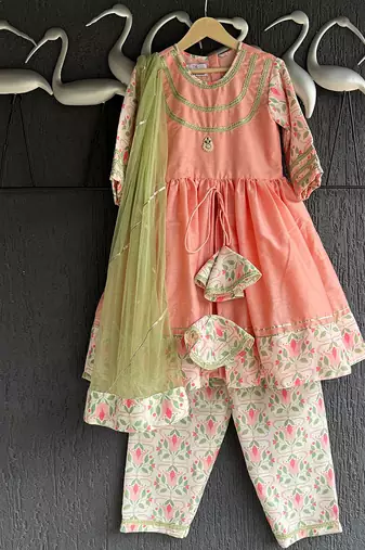 Peach embroidered cotton kurta set