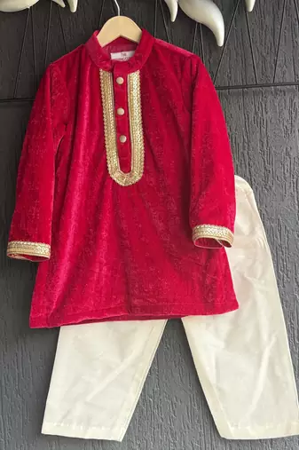 Red embroidered velvet kurta pyjama