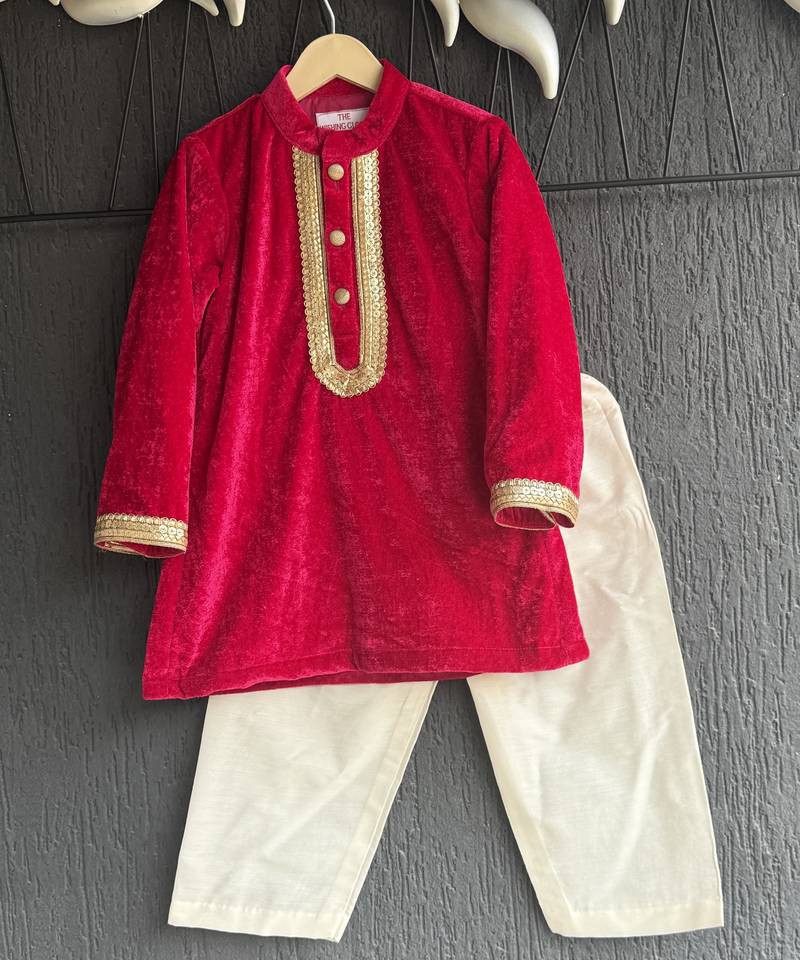 Red embroidered velvet kurta pyjama