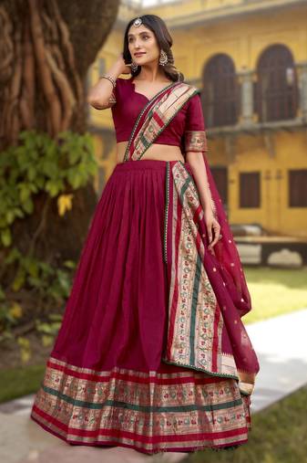 Maroon Paithani Style Pure Chanderi Zari Weaving Lehenga Choli with Dupatta     Ready Made (32 to 42)