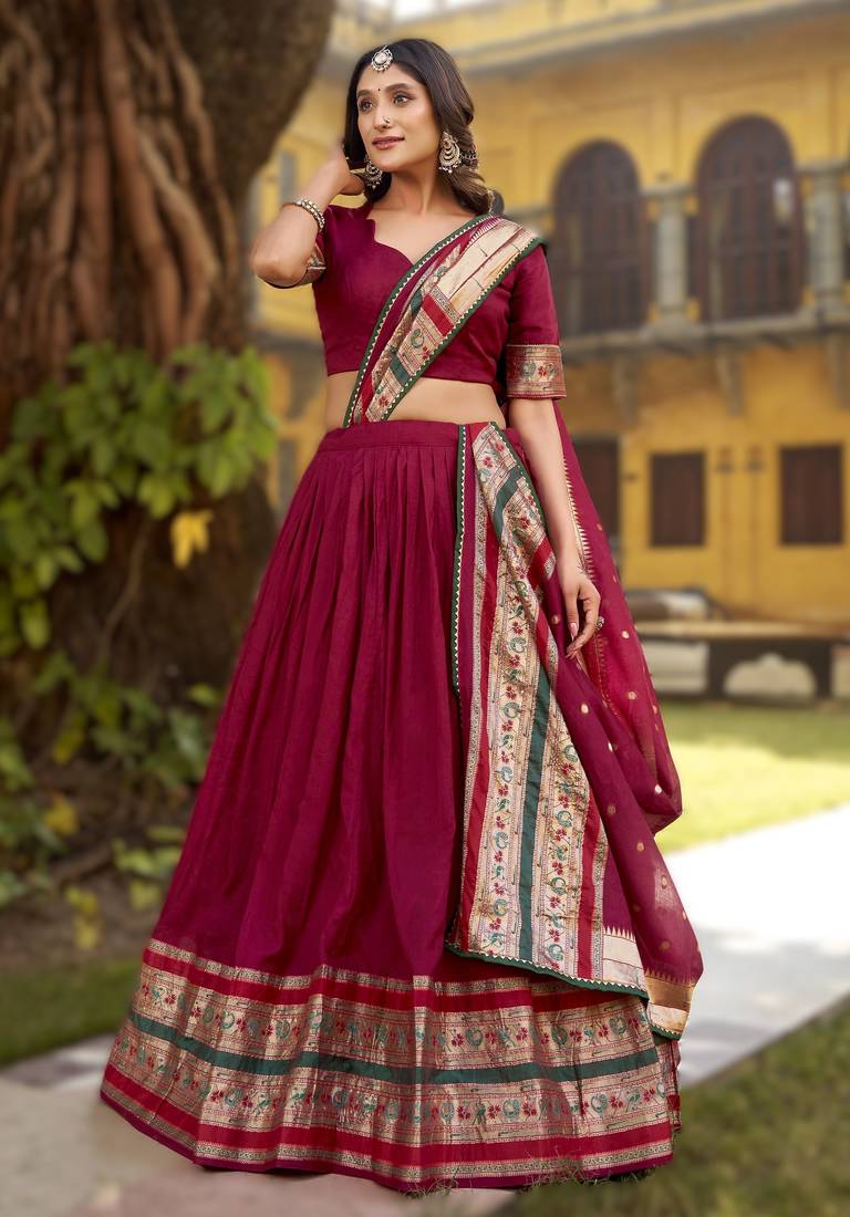 Maroon Paithani Style Pure Chanderi Zari Weaving Lehenga Choli with Dupatta     Ready Made (32 to 42)