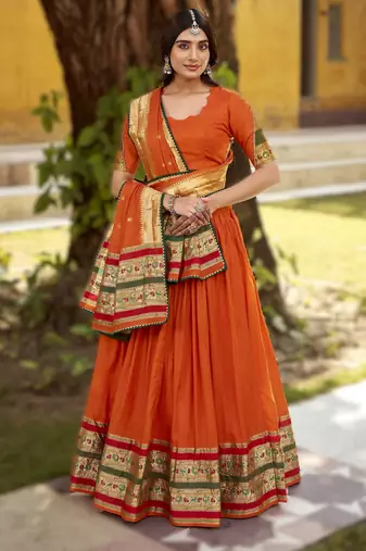 Orange Paithani Style Pure Chanderi Zari Weaving Lehenga Choli with Dupatta     Ready Made (32 to 42)
