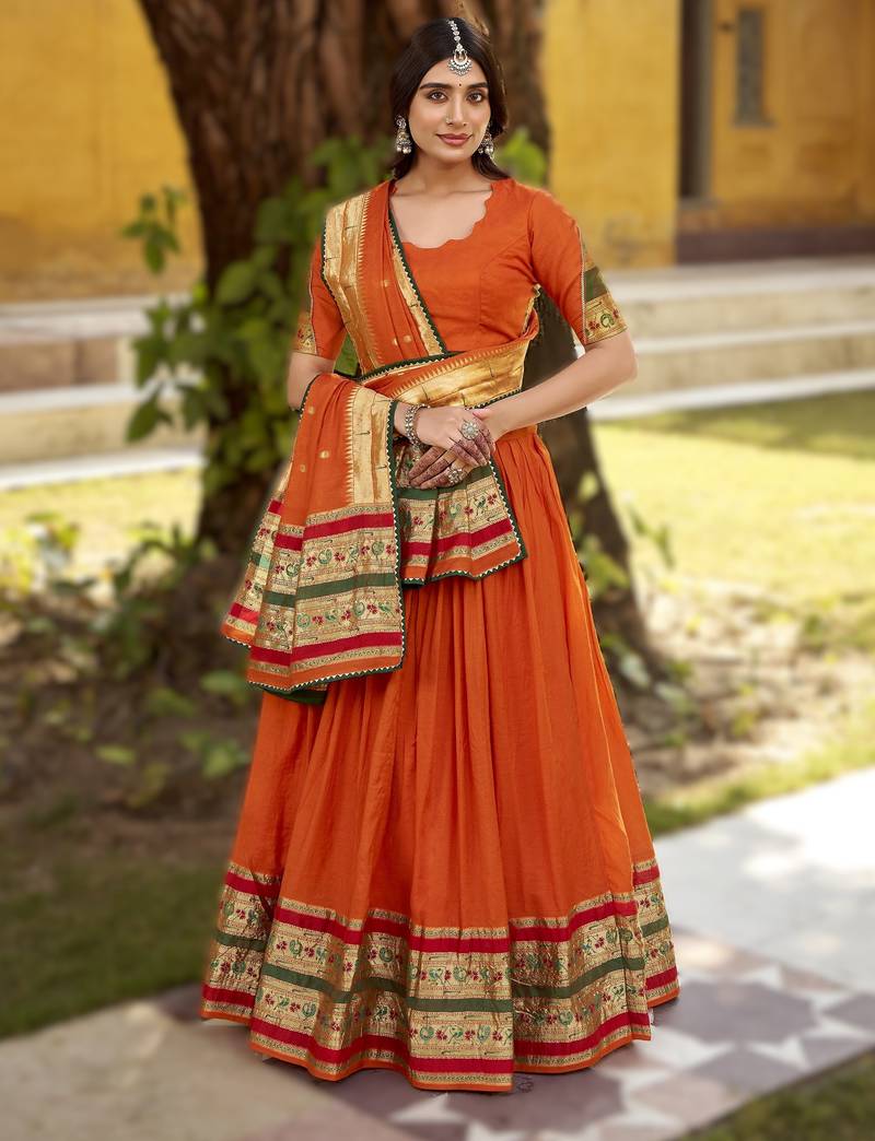 Orange Paithani Style Pure Chanderi Zari Weaving Lehenga Choli with Dupatta     Ready Made (32 to 42)
