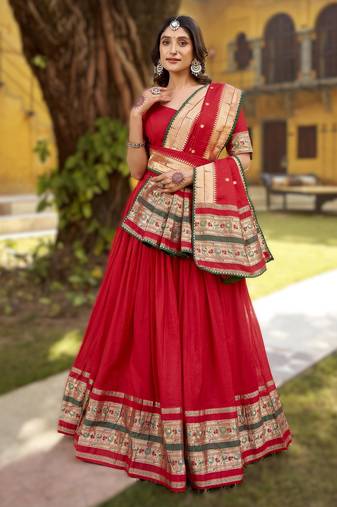 Red Paithani Style Pure Chanderi Zari Weaving Lehenga Choli with Dupatta     Ready Made (32 to 42)