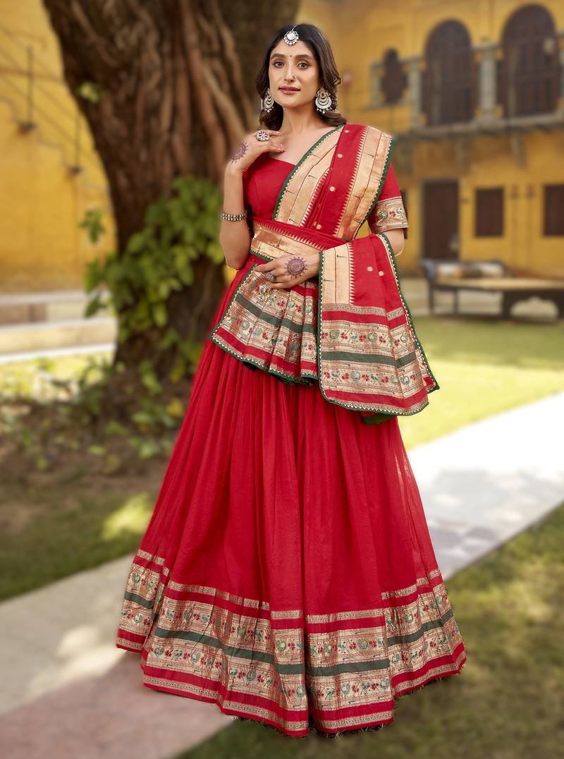Red Paithani Style Pure Chanderi Zari Weaving Lehenga Choli with Dupatta     Ready Made (32 to 42)