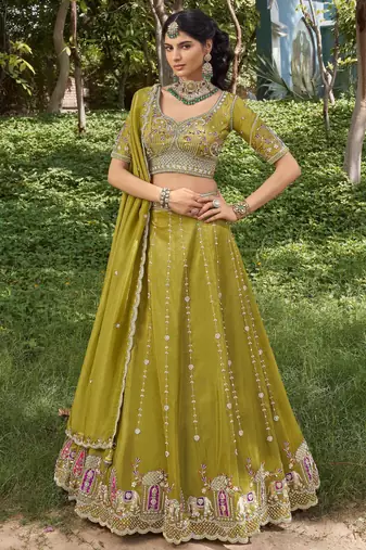  green embroidered tissue lehenga set choli with dupatta