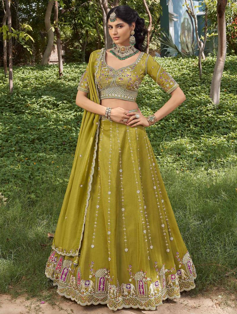 green embroidered tissue lehenga set choli with dupatta