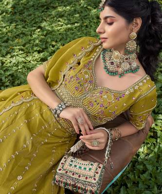  green embroidered tissue lehenga set choli with dupatta 2