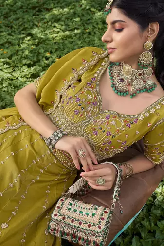  green embroidered tissue lehenga set choli with dupatta