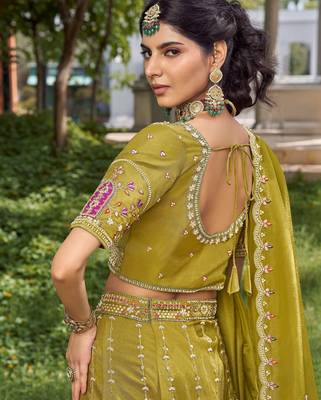  green embroidered tissue lehenga set choli with dupatta 3