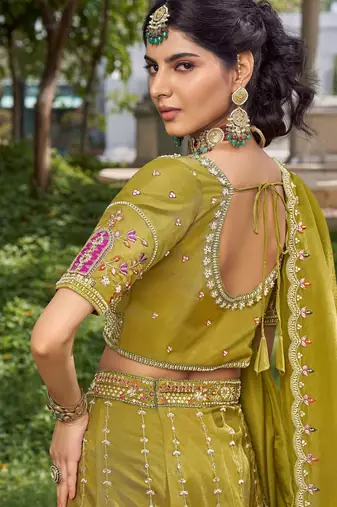  green embroidered tissue lehenga set choli with dupatta