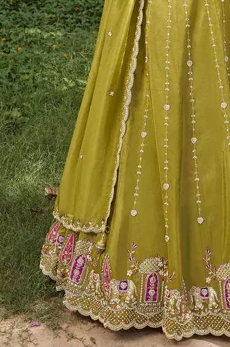  green embroidered tissue lehenga set choli with dupatta