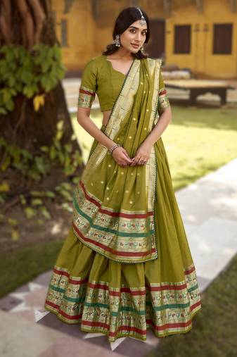 Mehendi Paithani Style Pure Chanderi Zari Weaving Lehenga Choli with Dupatta     Ready Made (32 to 42)
